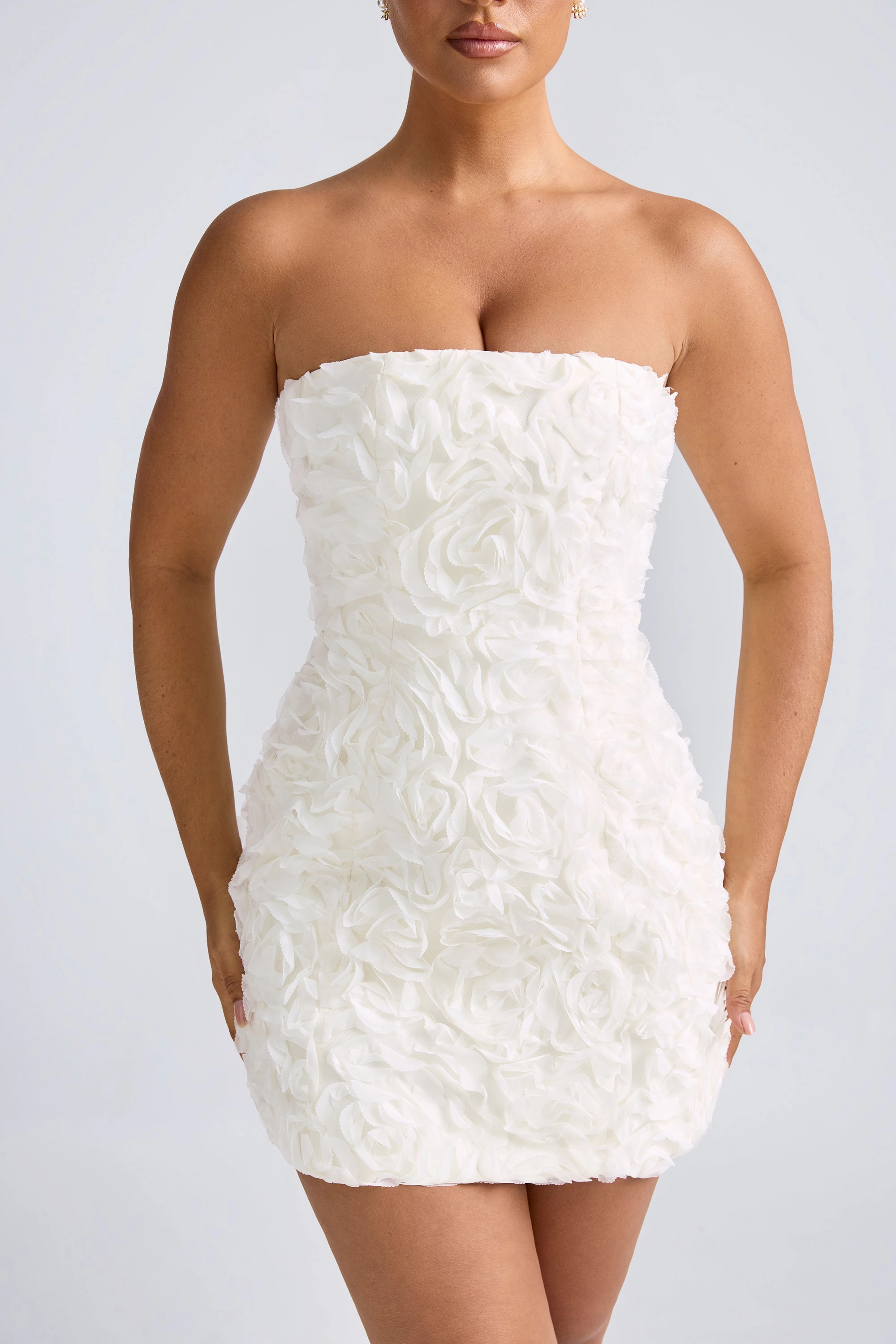 Floral-Appliqu Bandeau A-Line Mini Dress in White