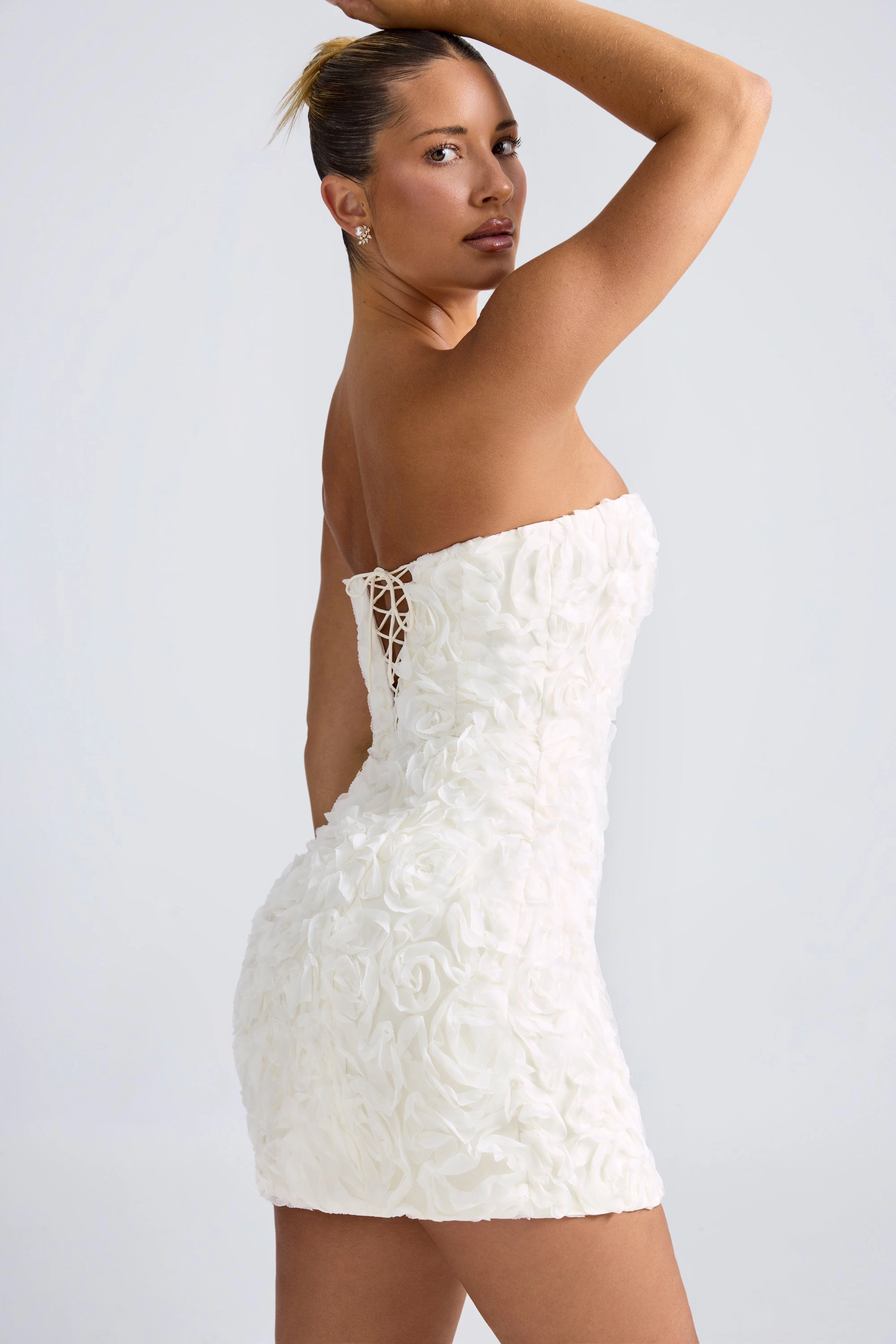 Floral-Appliqu Bandeau A-Line Mini Dress in White