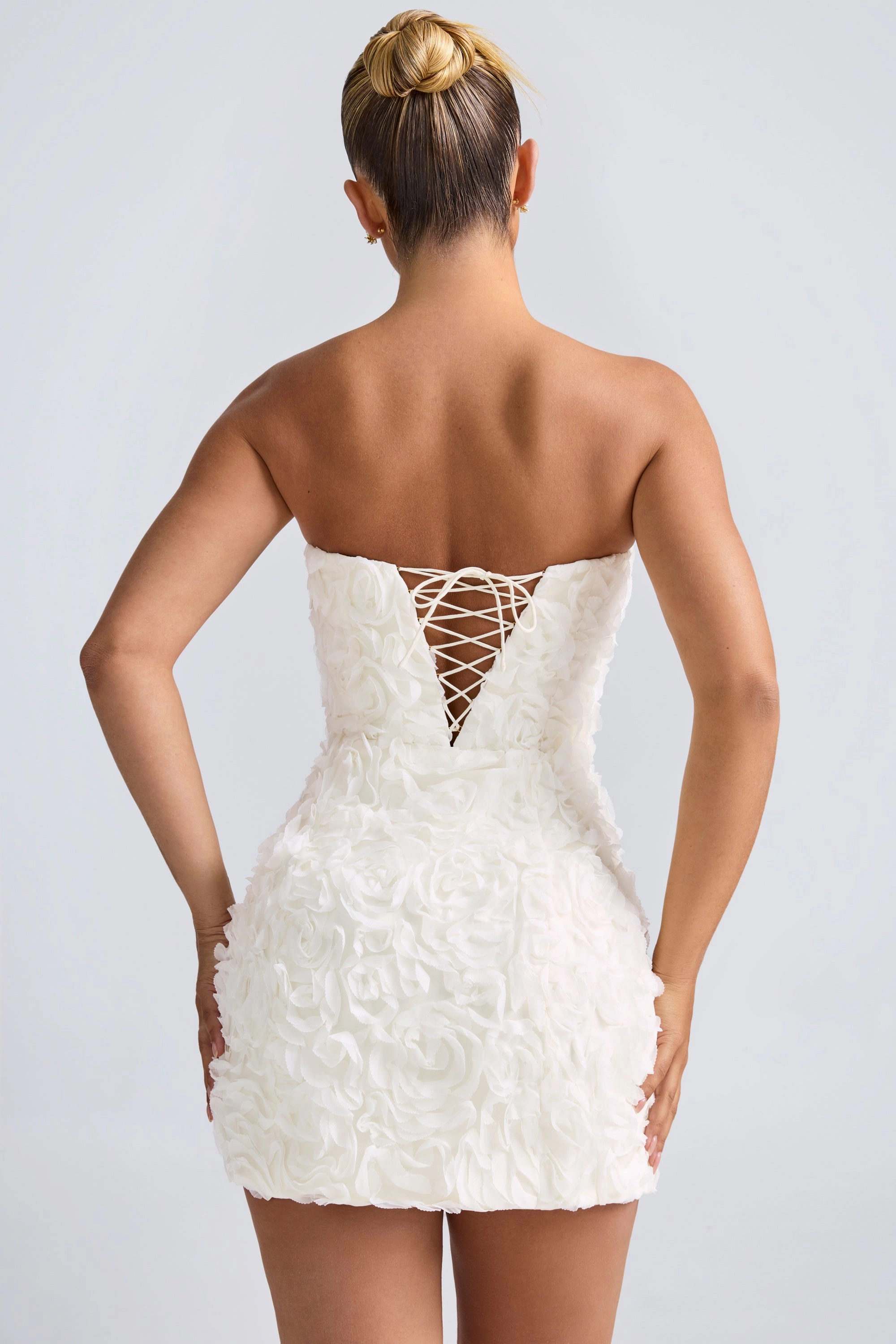 Floral-Appliqu Bandeau A-Line Mini Dress in White