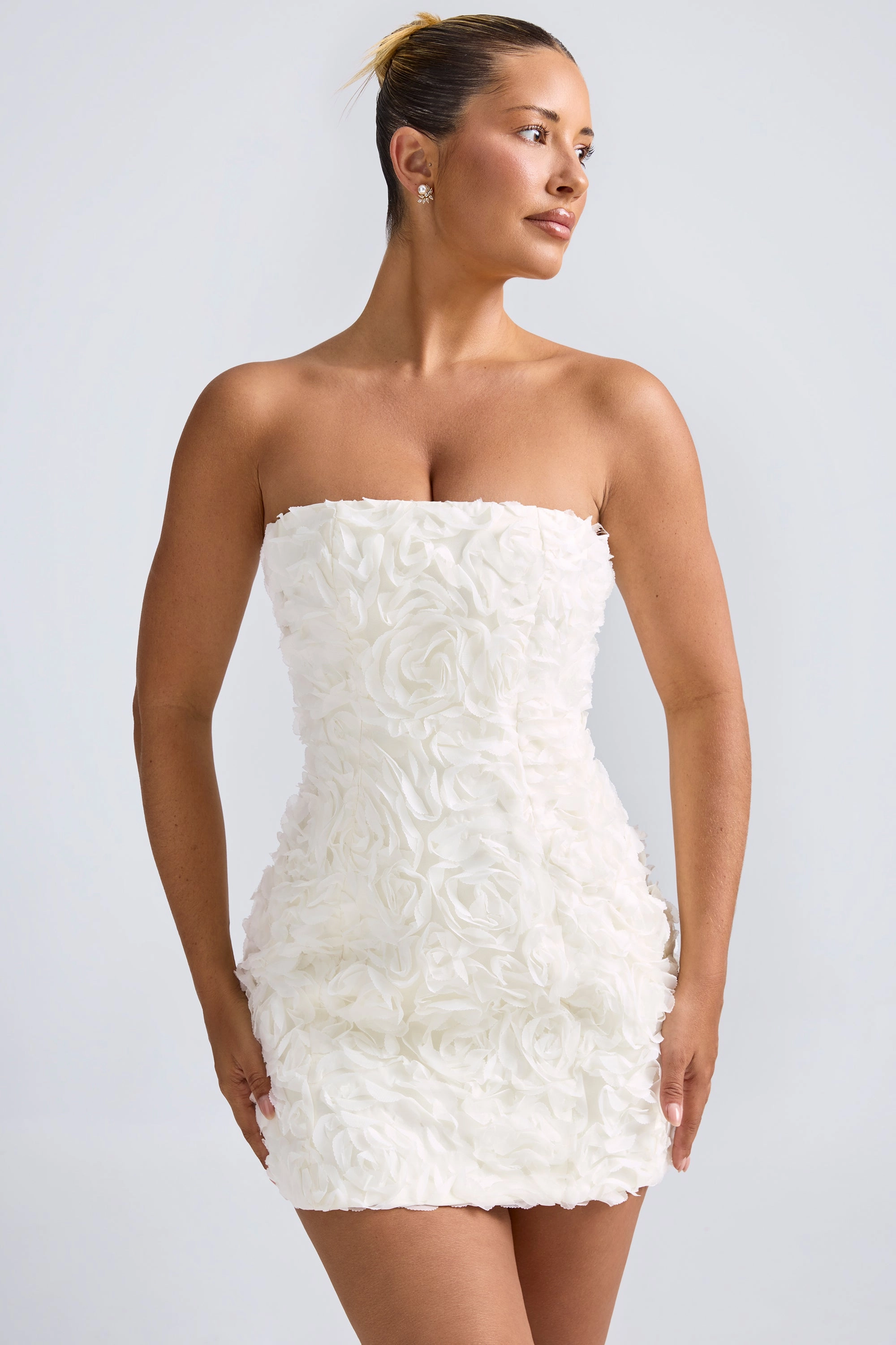 Floral-Appliqu Bandeau A-Line Mini Dress in White