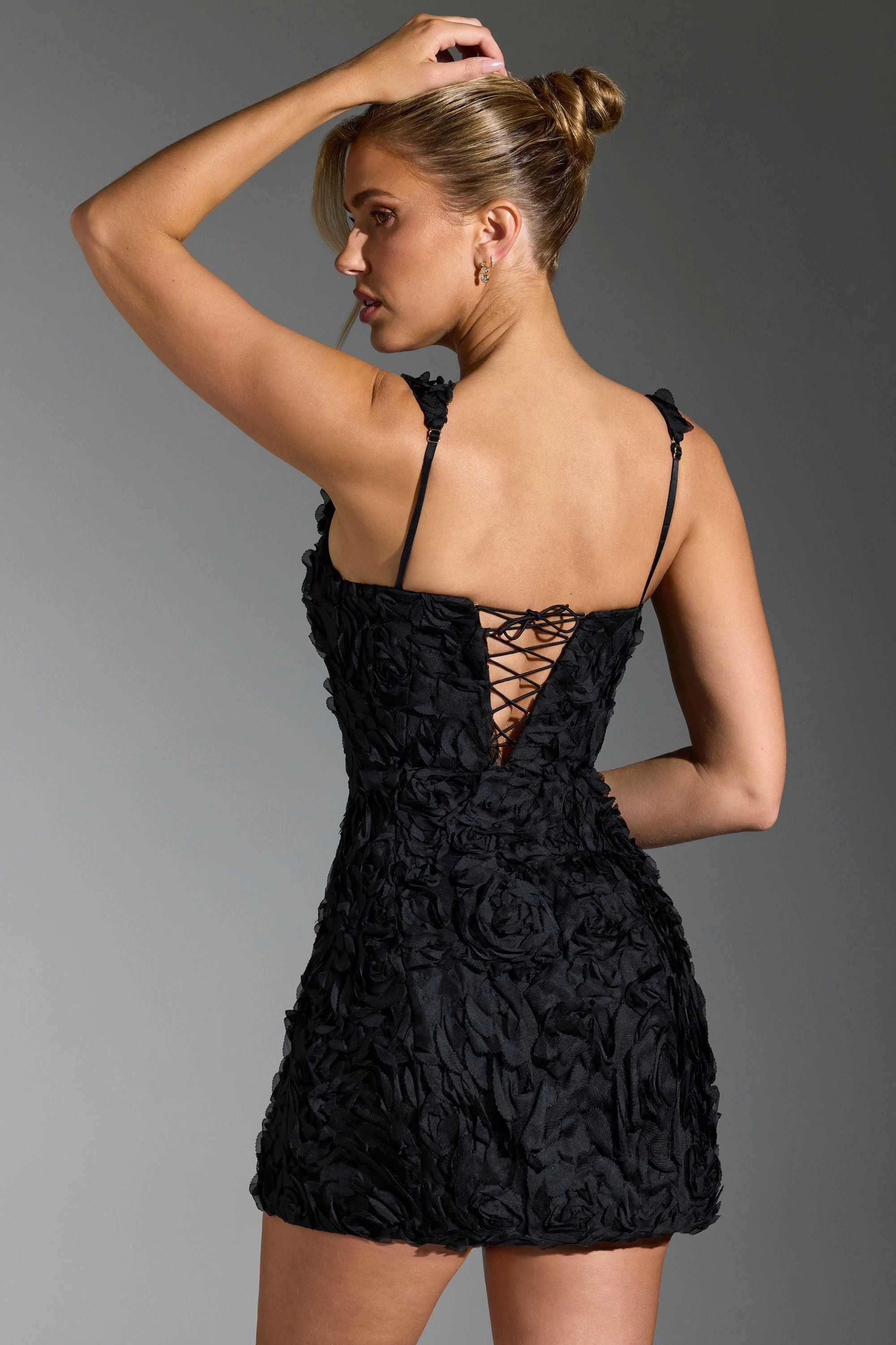 Floral-Appliqu Corset Mini Dress in Black