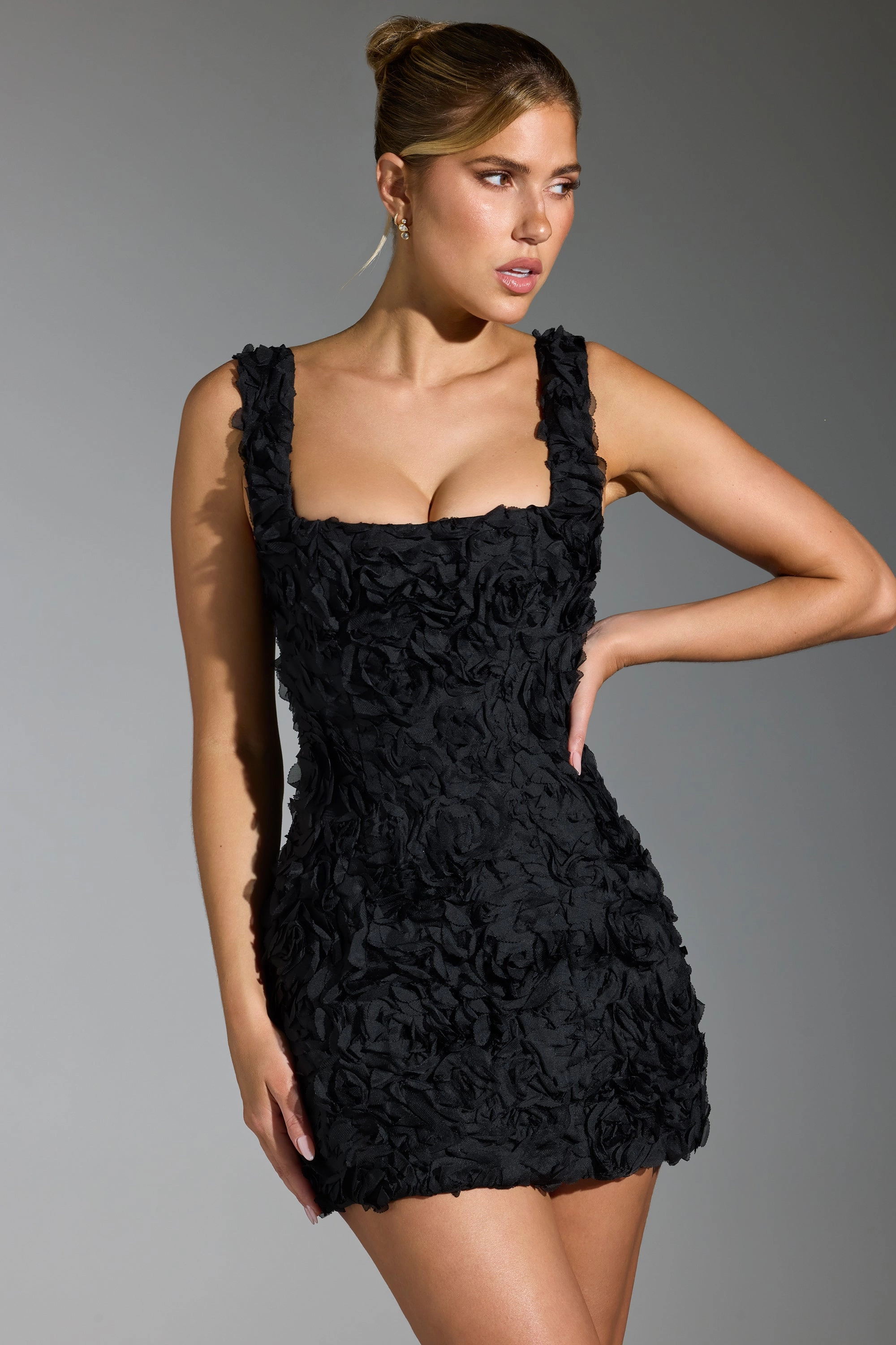 Floral-Appliqu Corset Mini Dress in Black