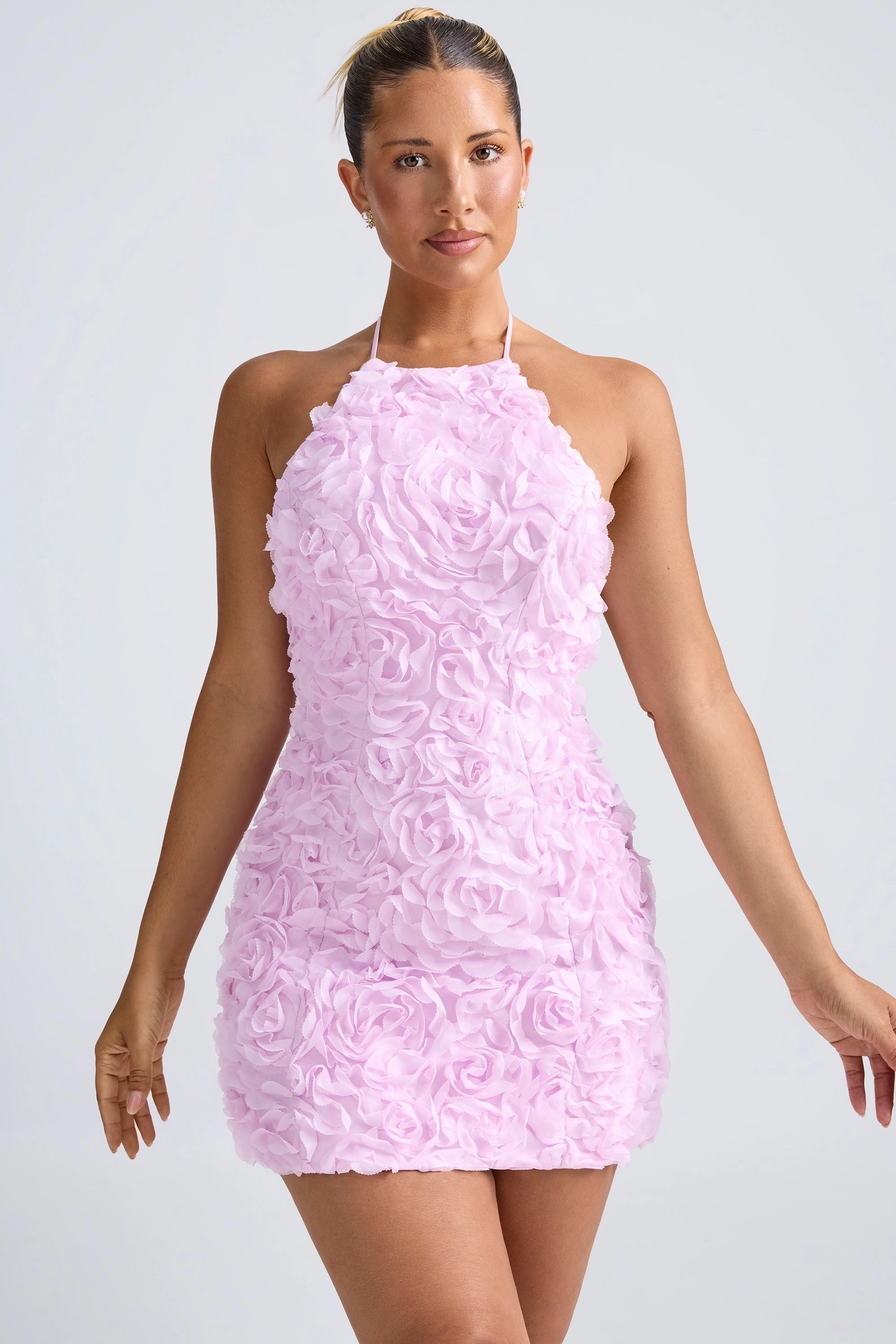 Floral-Appliqu Halterneck A-Line Mini Dress in Lilac Dresses - lace dresses best price