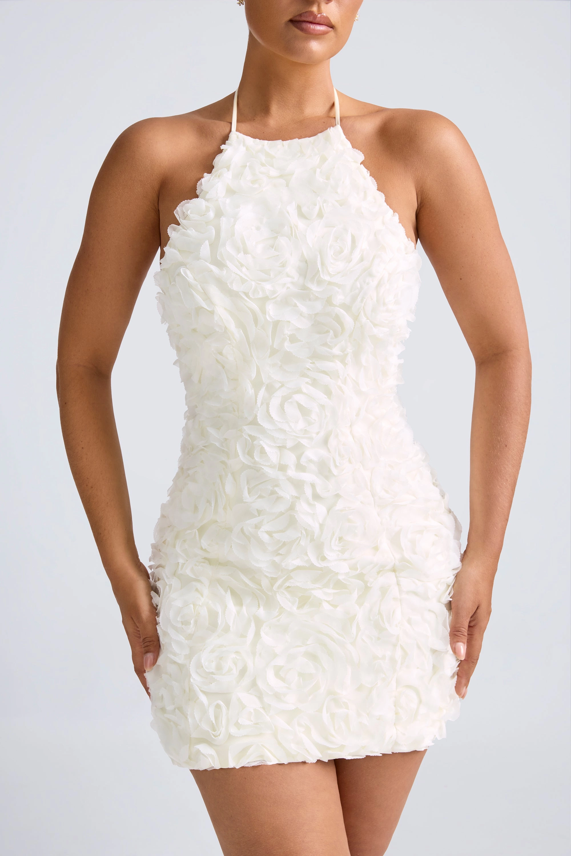 Floral-Appliqu Halterneck A-Line Mini Dress in White
