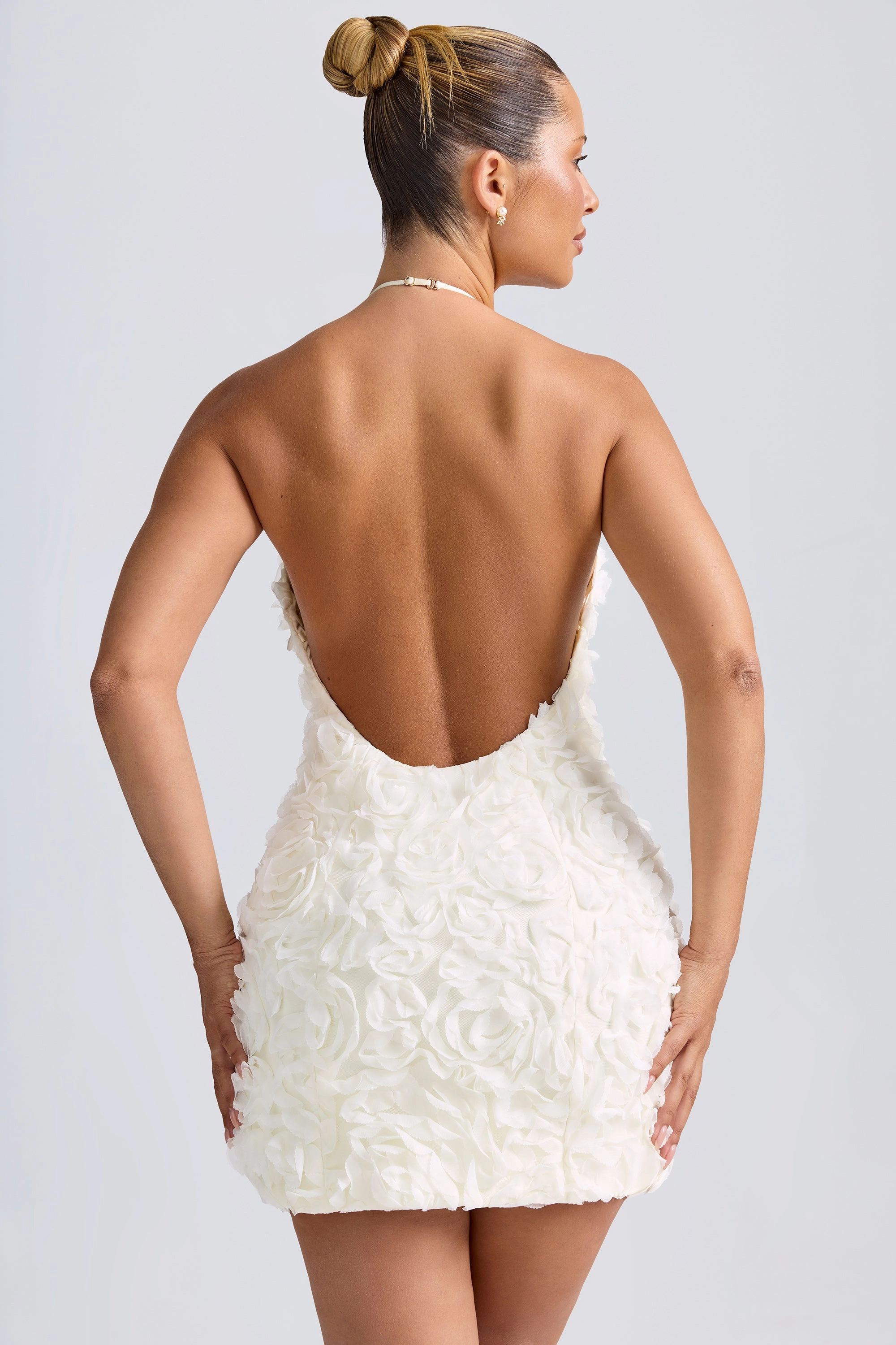 Floral-Appliqu Halterneck A-Line Mini Dress in White