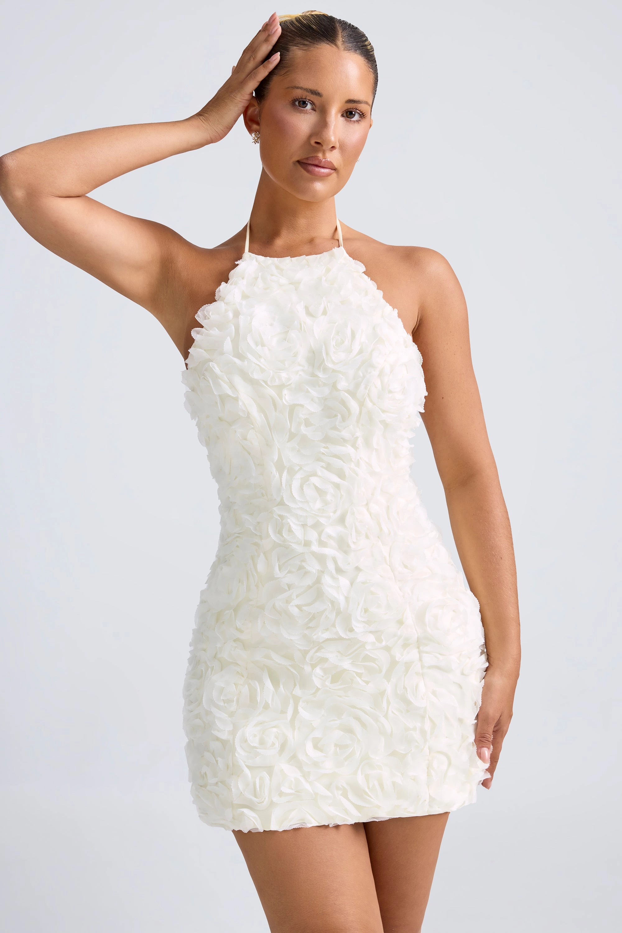 Floral-Appliqu Halterneck A-Line Mini Dress in White