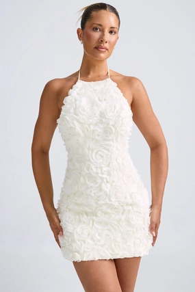 Floral-Appliqu Halterneck A-Line Mini Dress in White Dresses - lace dresses best price