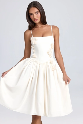 Floral-Appliqu Midi Dress in Ivory Dresses - sundresses outlet