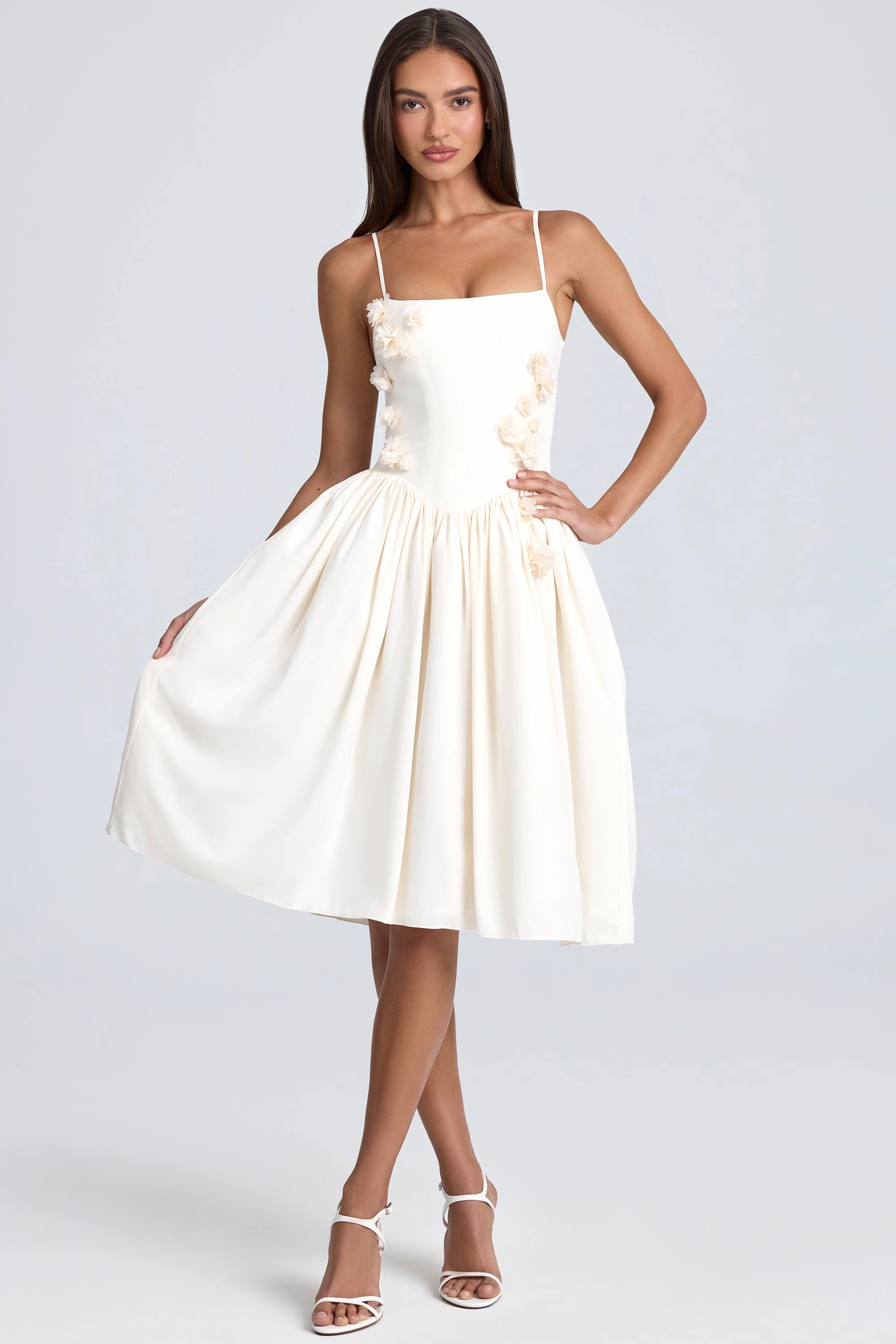 Floral-Appliqu Midi Dress in Ivory