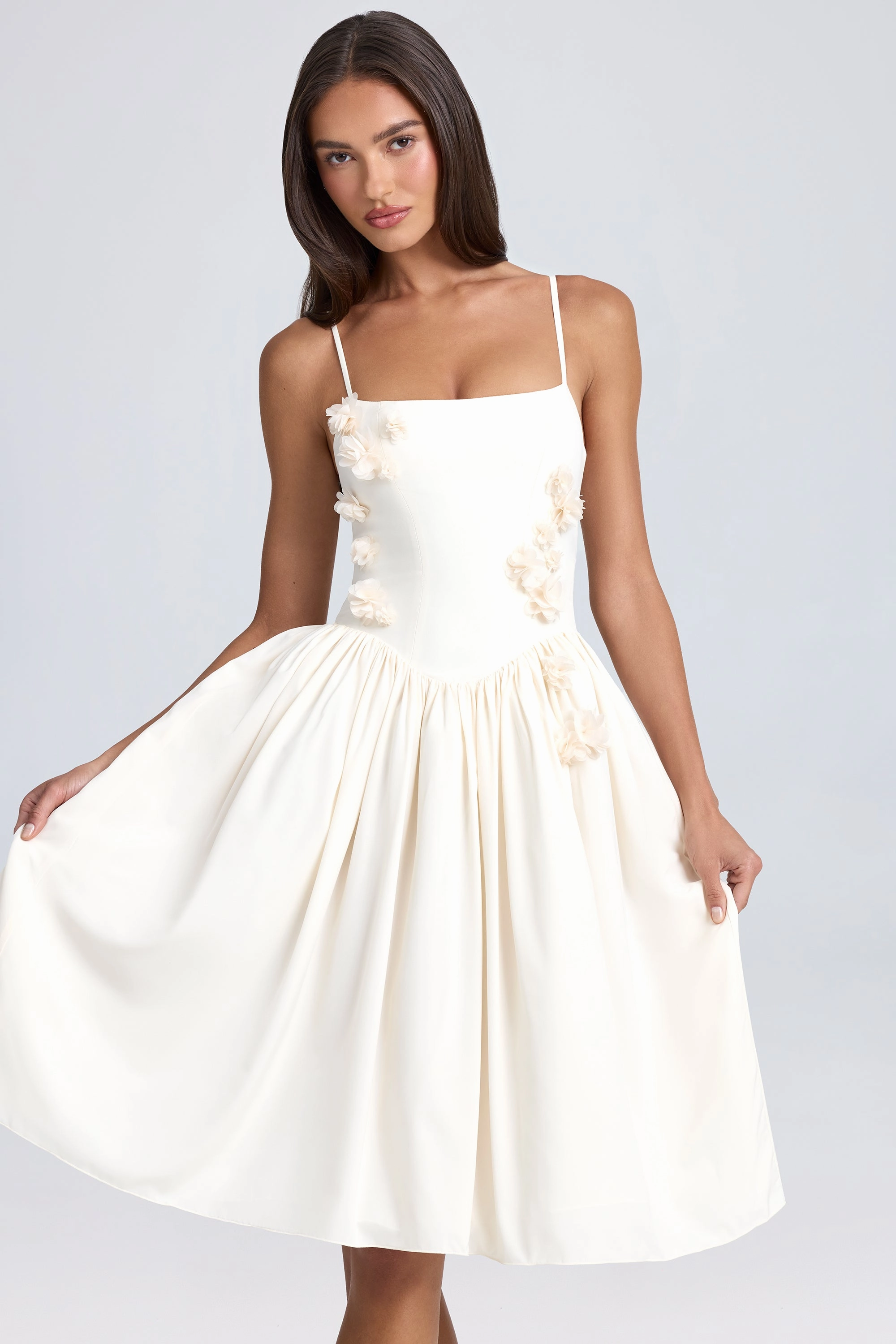 Floral-Appliqu Midi Dress in Ivory Dresses - sundresses outlet