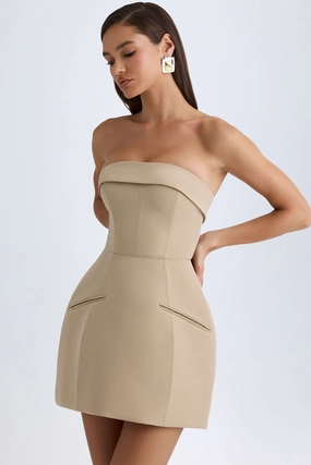 Foldover-Neck Structured Tulip Mini Dress in Camel Dresses - lace dresses best price