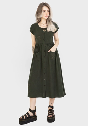 Foliate Linen-Blend Embroidered Button Up Midi Dress - Green Dresses Womens - wedding guest outfits