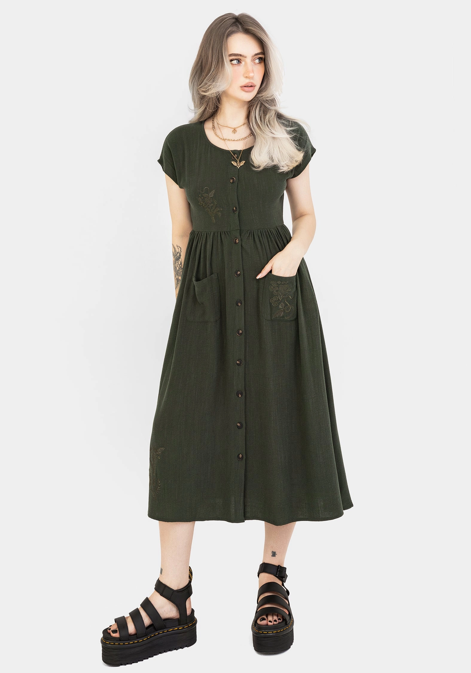 Foliate Linen-Blend Embroidered Button Up Midi Dress - Green Dresses Womens - summer dresses discount