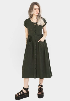 Foliate Linen-Blend Embroidered Button Up Midi Dress - Green Dresses Womens - summer dresses discount