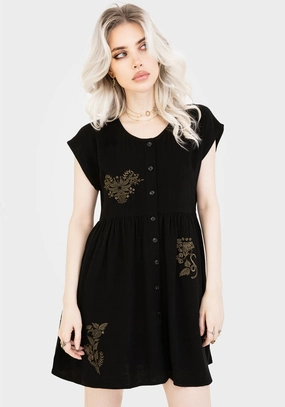 Foliate Linen-Blend Embroidered Button Up Mini Dress - Black Dresses Womens - summer dresses discount