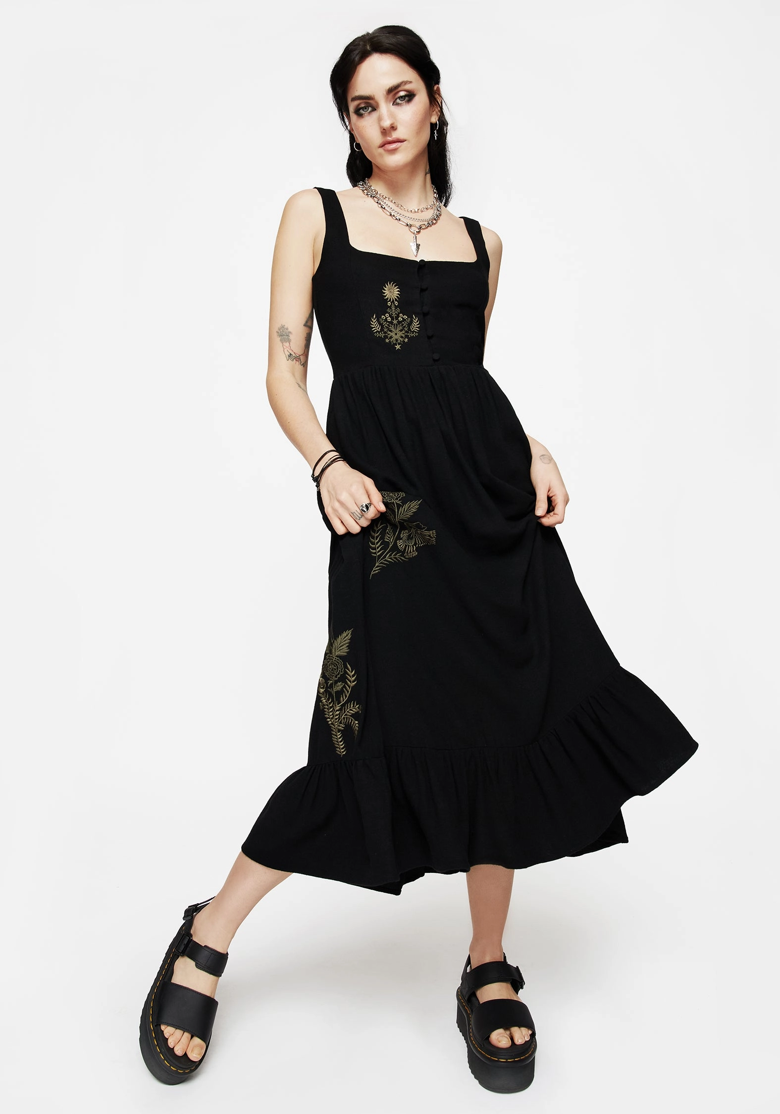 Foliate Linen-Blend Embroidered Sleeveless Midi Dress - Black Dresses Womens - summer dresses discount