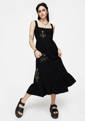 Foliate Linen-Blend Embroidered Sleeveless Midi Dress - Black Dresses Womens - summer dresses discount
