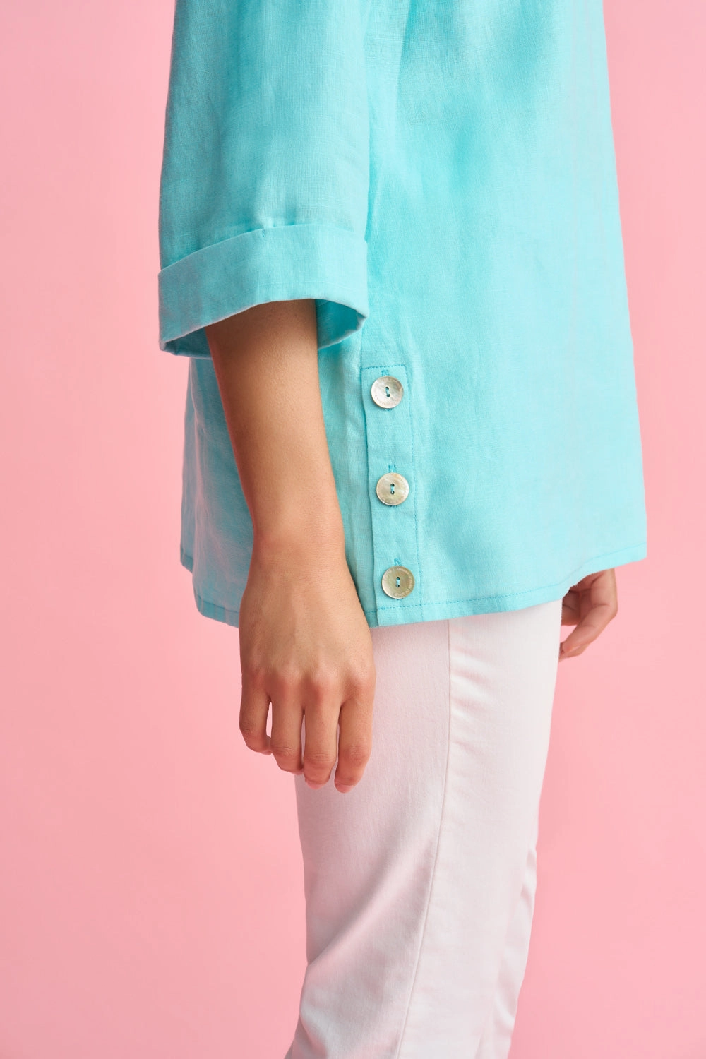 French Linen Button Detail Top - Aqua