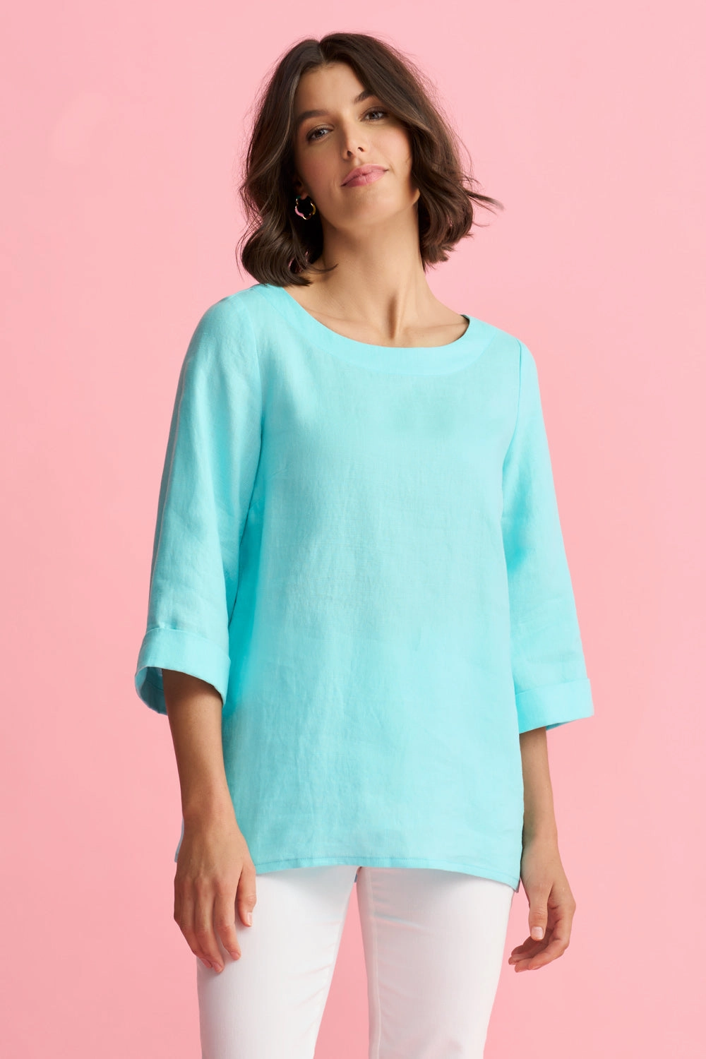 French Linen Button Detail Top - Aqua
