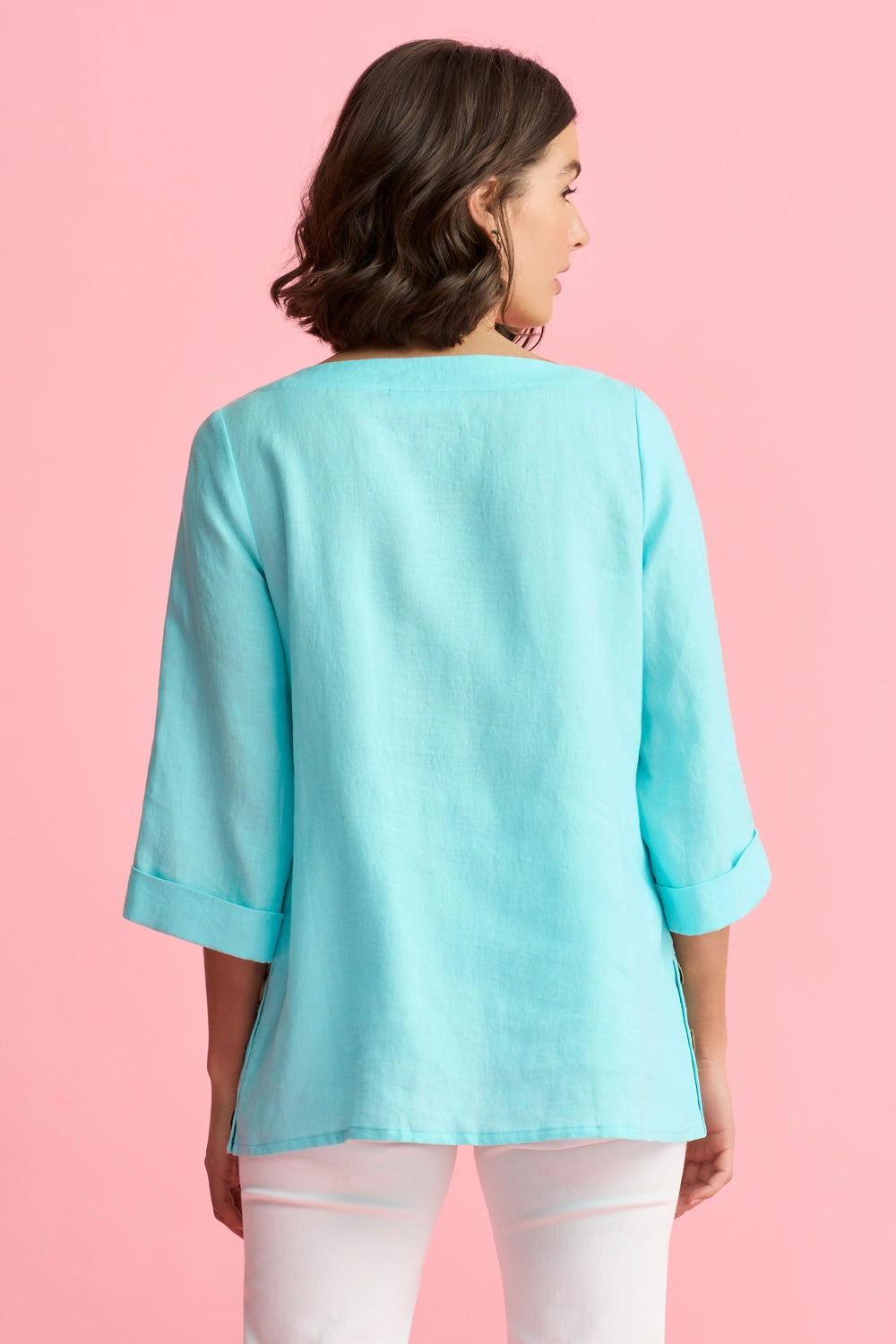 French Linen Button Detail Top - Aqua