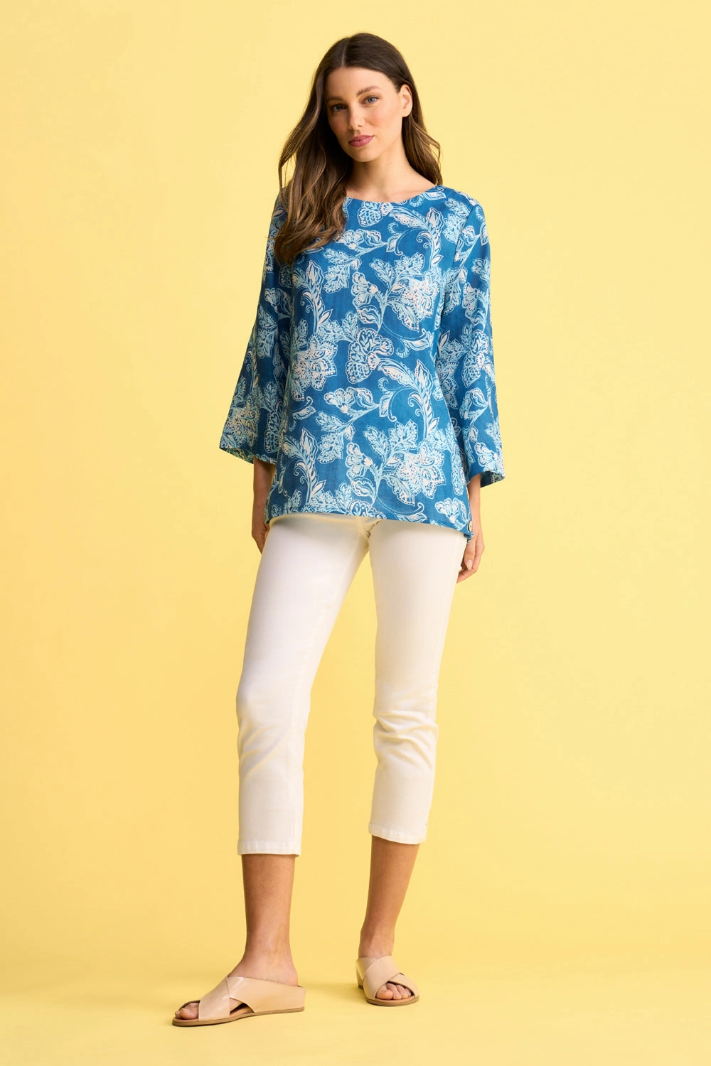 French Linen Button Detail Top - Blue Print