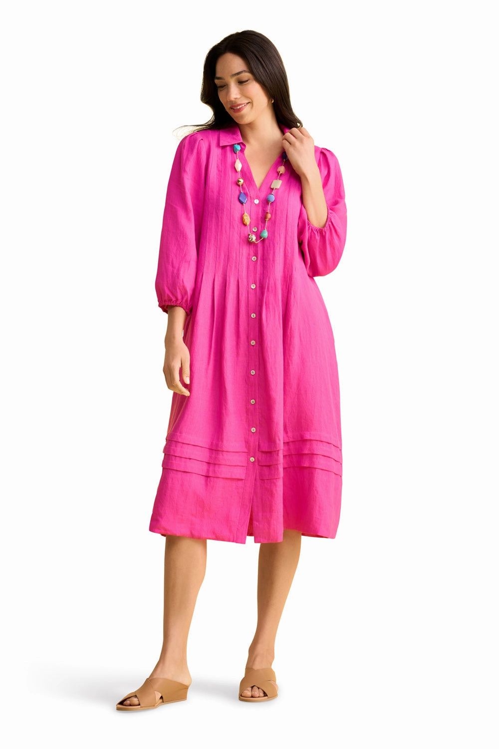 French Linen Puff Sleeve Dress - Bright Rose
