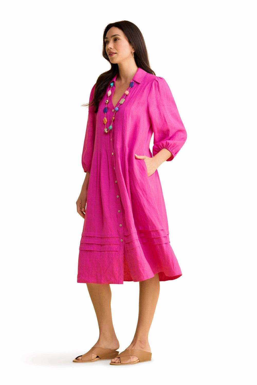 French Linen Puff Sleeve Dress - Bright Rose