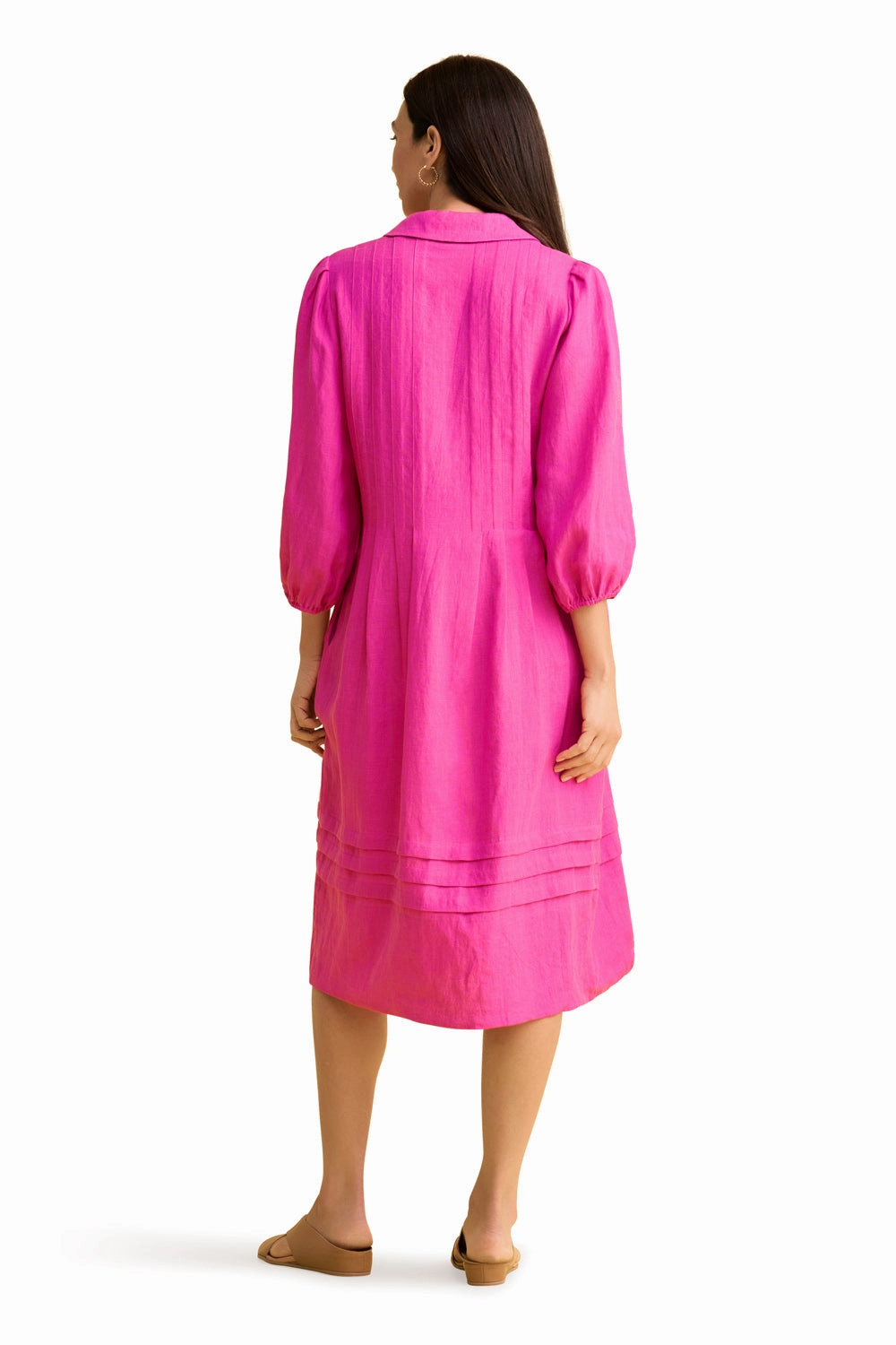 French Linen Puff Sleeve Dress - Bright Rose