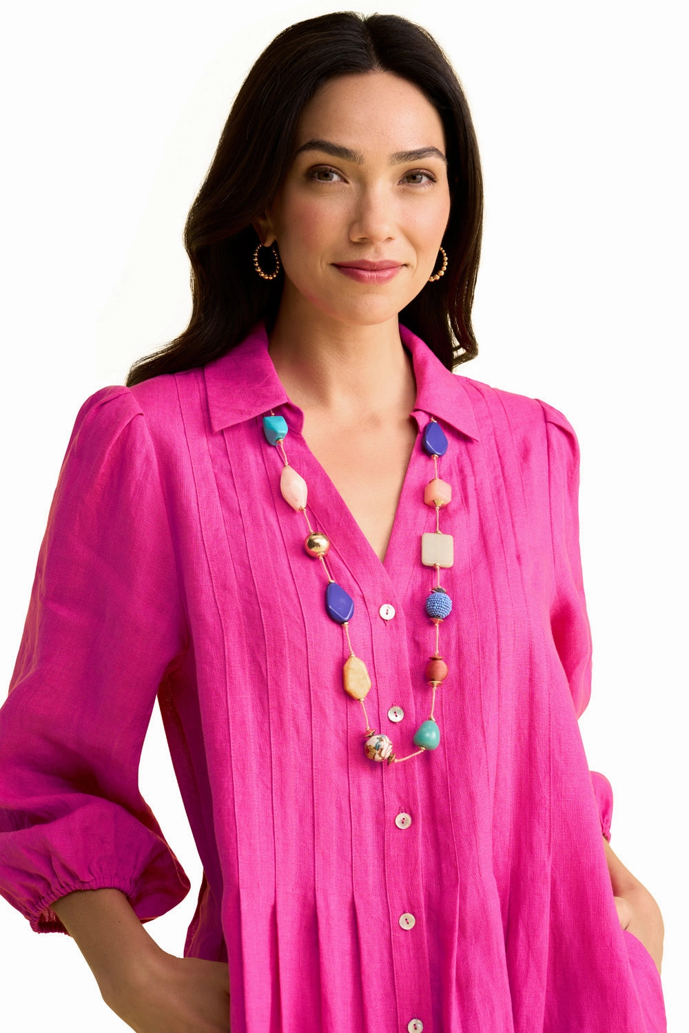 French Linen Puff Sleeve Dress - Bright Rose