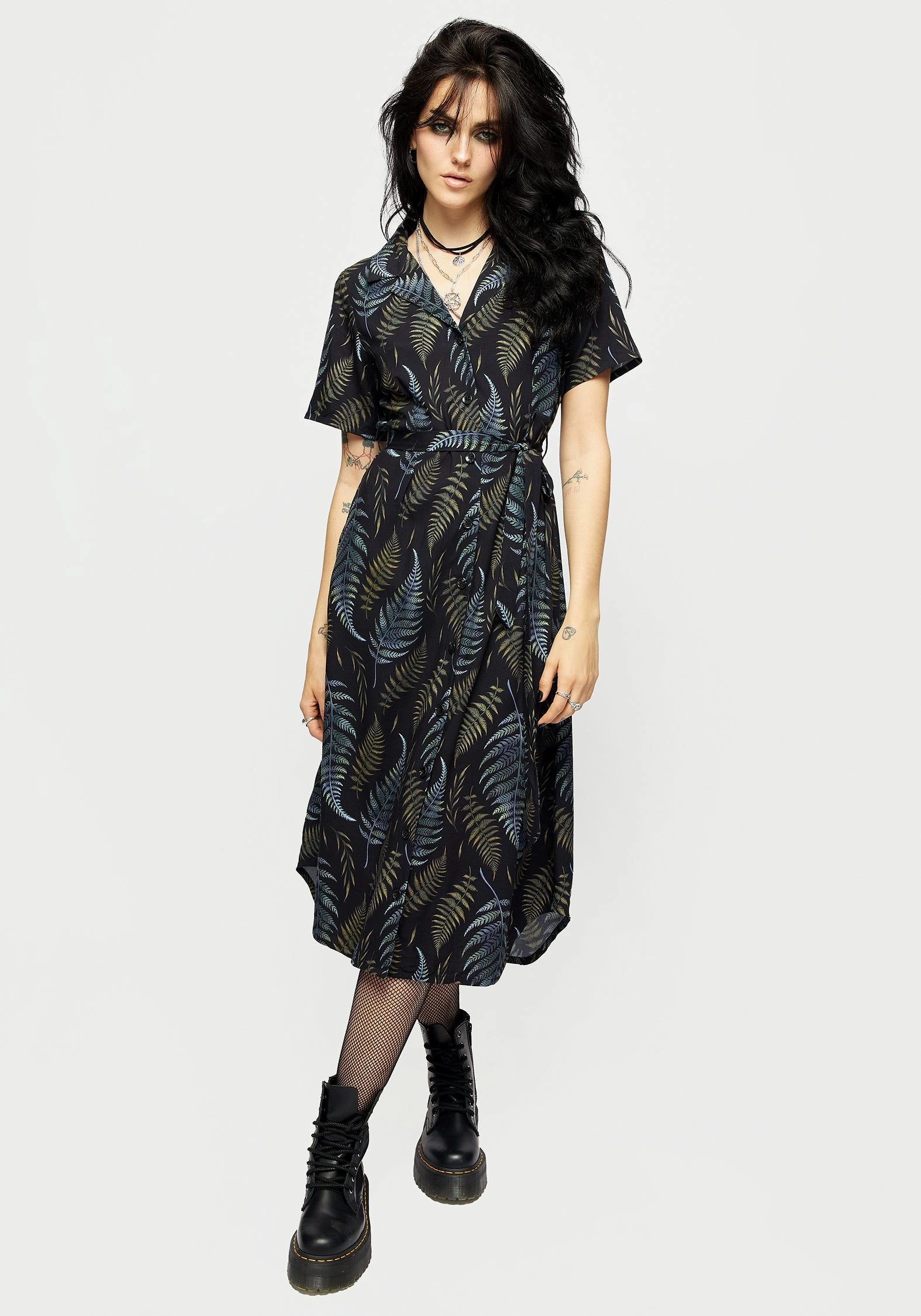 Frond Print Button Up Midi Shirt Dress Dresses Womens - beach dresses cheap