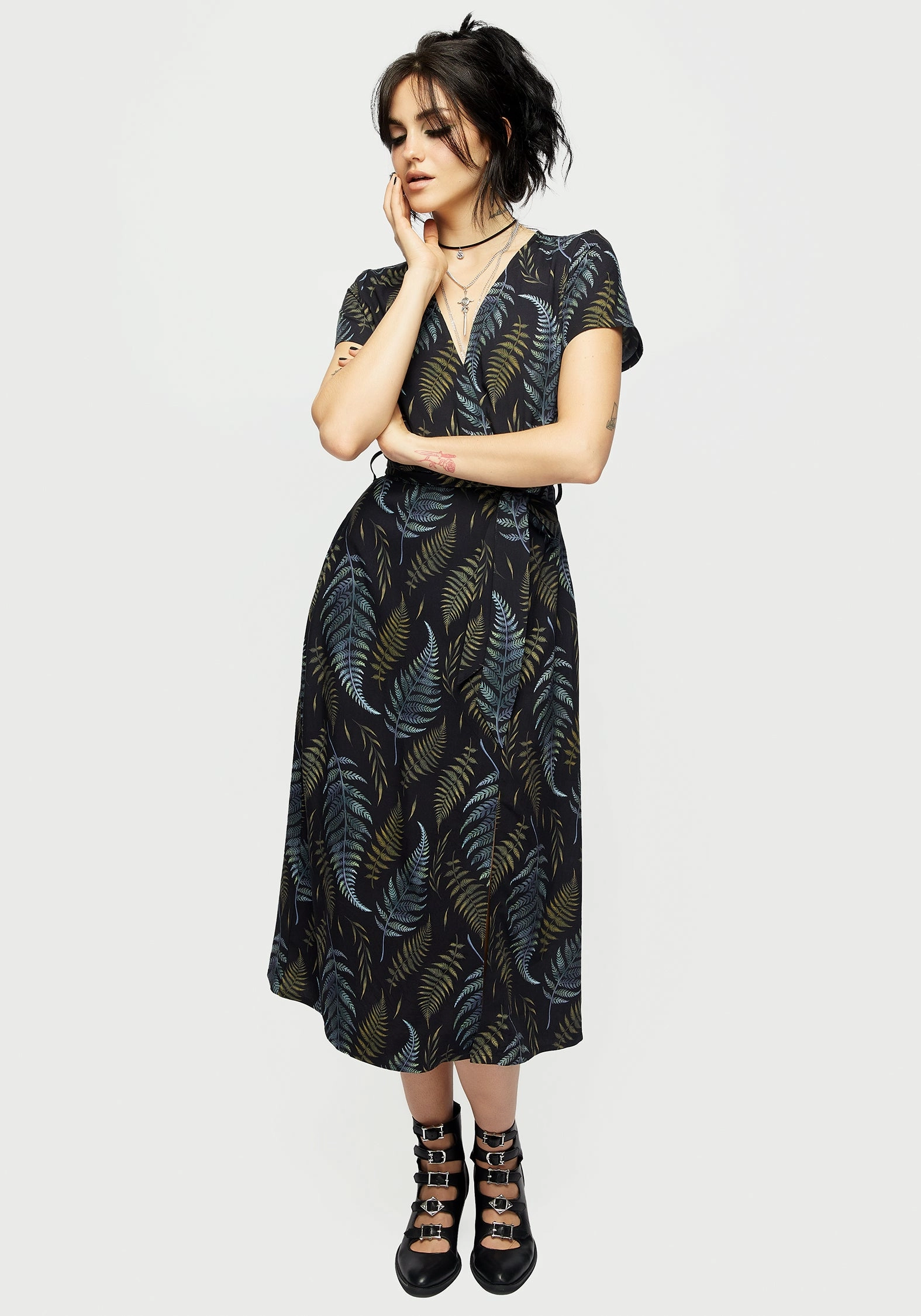 Frond Print Faux Wrap Midi Dress Dresses Womens - beach dresses cheap
