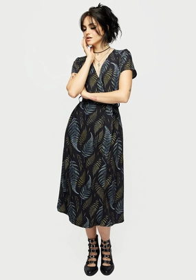 Frond Print Faux Wrap Midi Dress Dresses Womens - beach dresses cheap