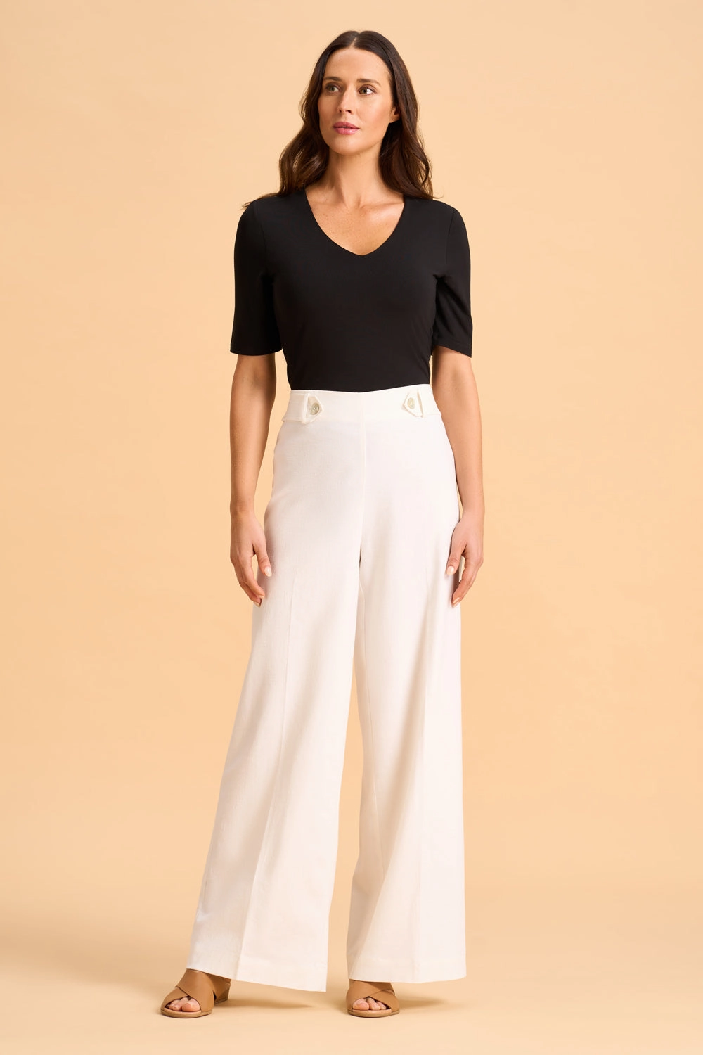 Full Length Waist Tab Linen Pant - White