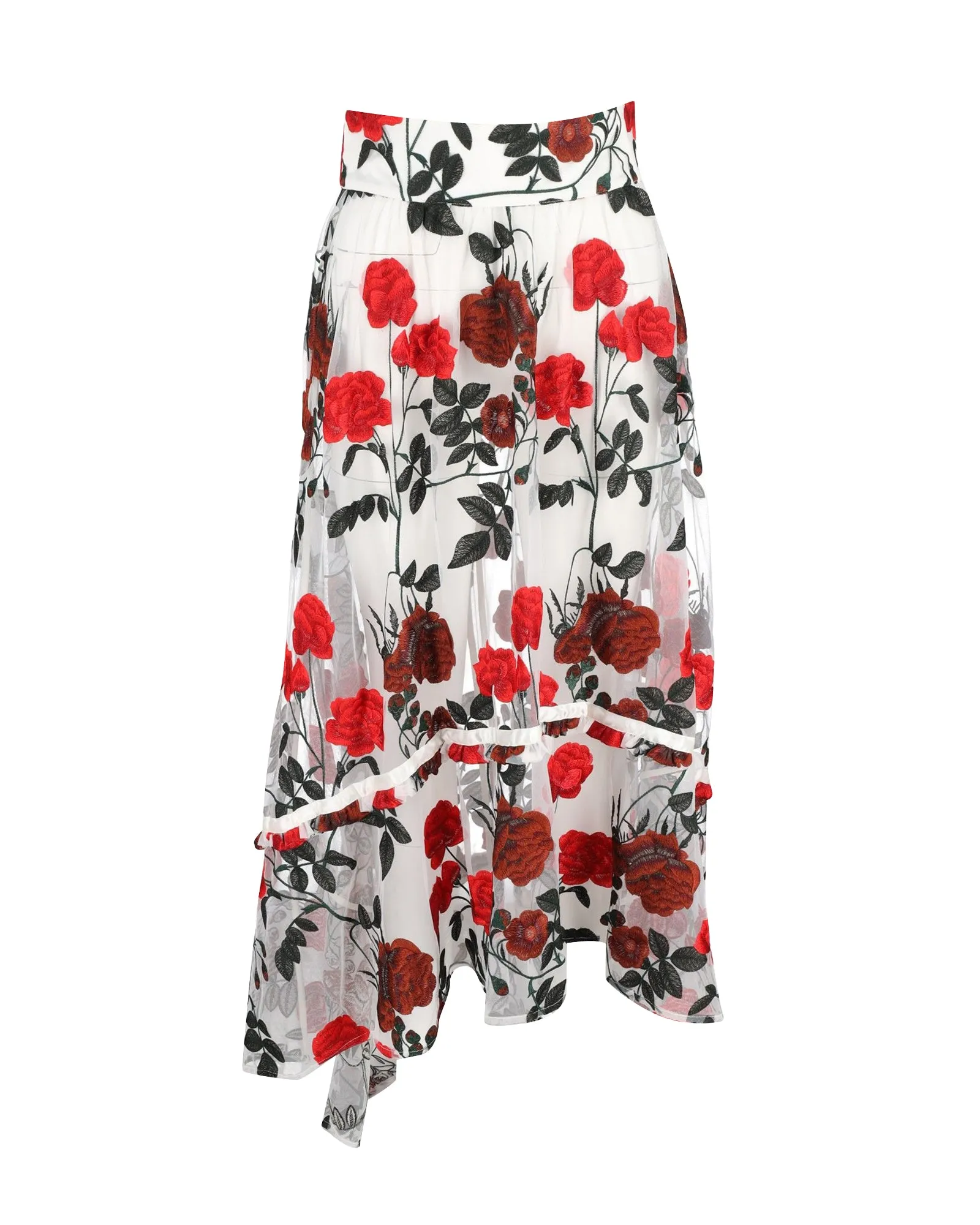 Ganni Monroe Asymmetric Floral Midi Skirt in White Tulle