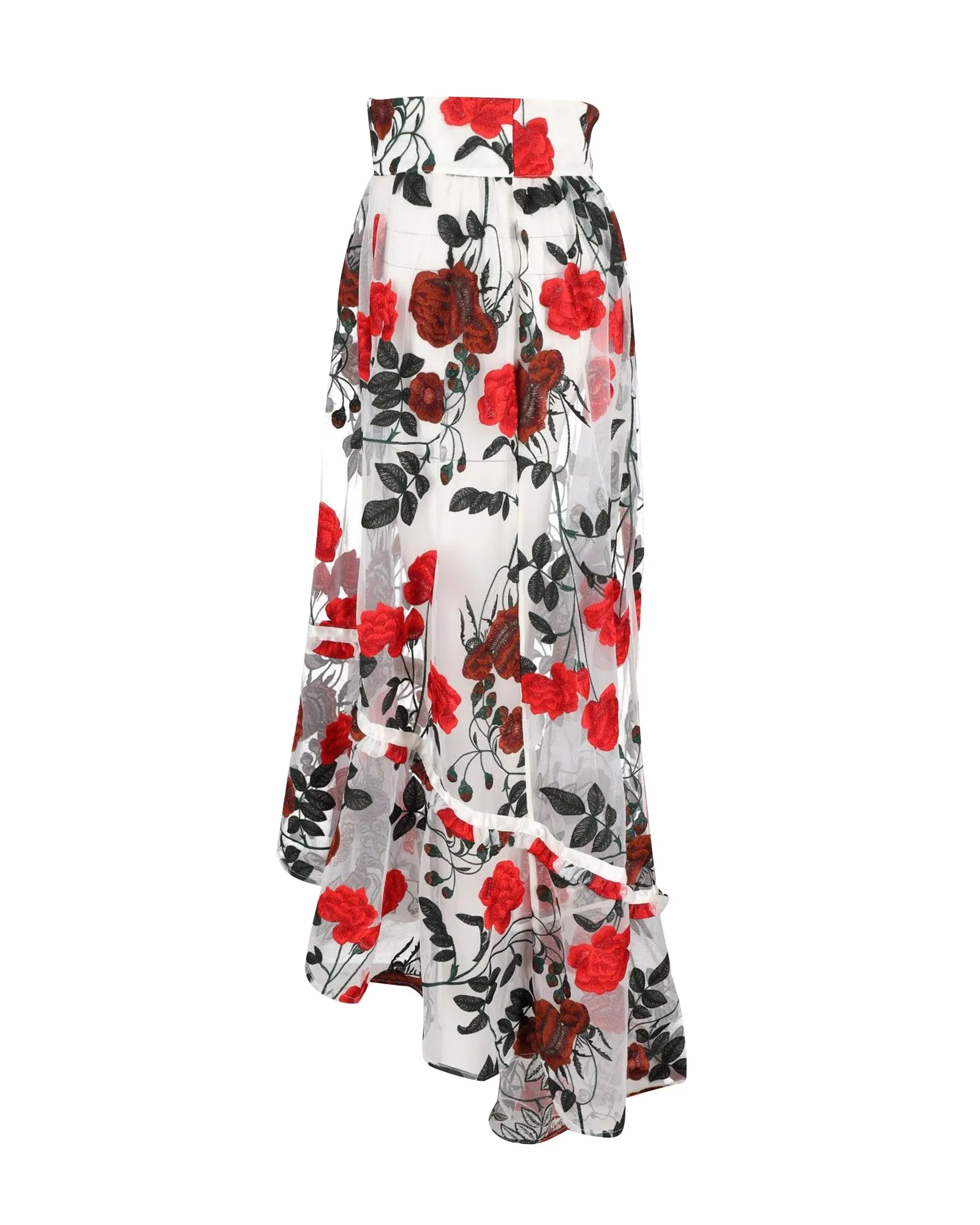 Ganni Monroe Asymmetric Floral Midi Skirt in White Tulle