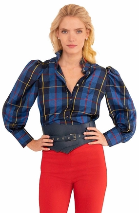 Gretchen Scott Juliette Blouse - Plaidly Cooper - Blue Plaid summer dresses best deals