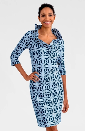 Gretchen Scott Ruff Neck 3/4 Sleeve Jersey Dress - Ring Toss - Navy maxi dresses clearance