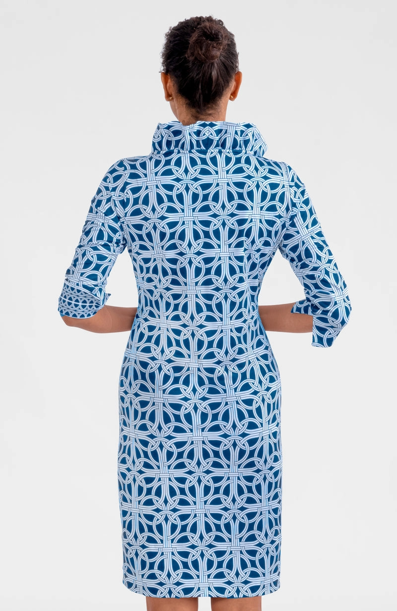 Gretchen Scott Ruff Neck 3/4 Sleeve Jersey Dress - Ring Toss - Navy