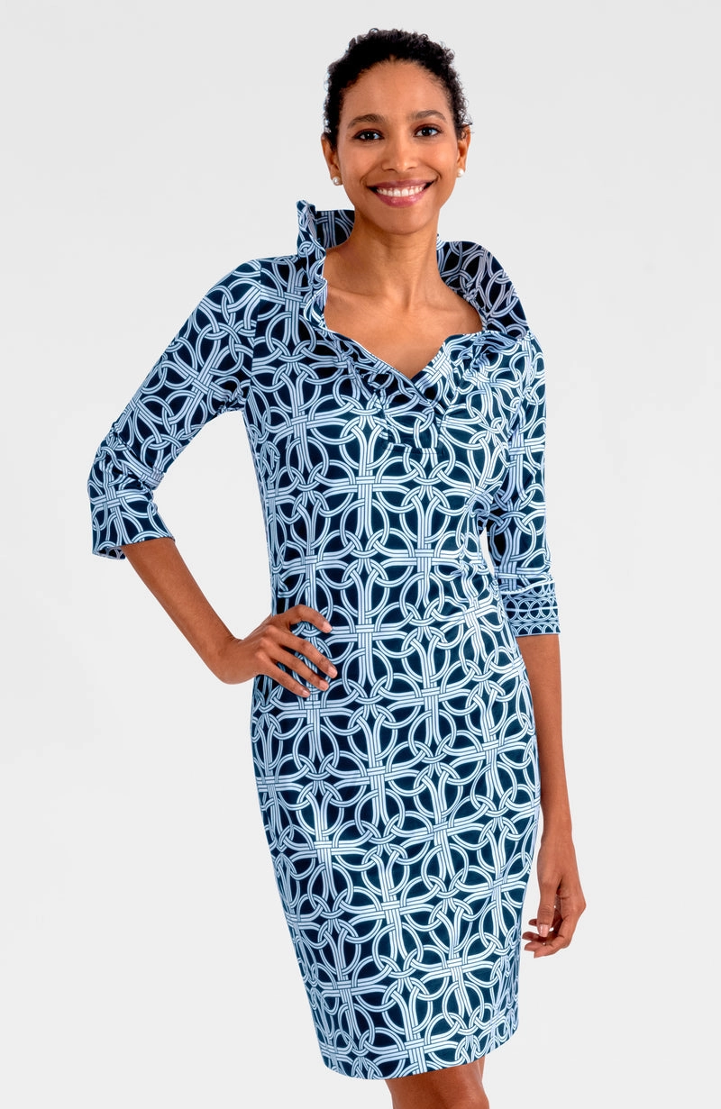 Gretchen Scott Ruff Neck 3/4 Sleeve Jersey Dress - Ring Toss - Navy maxi dresses clearance