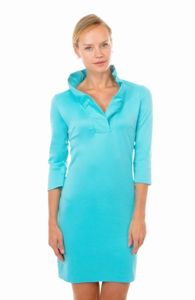 Gretchen Scott Ruff Neck 3/4 Sleeve Jersey Dress - Solid Turquoise maxi dresses clearance