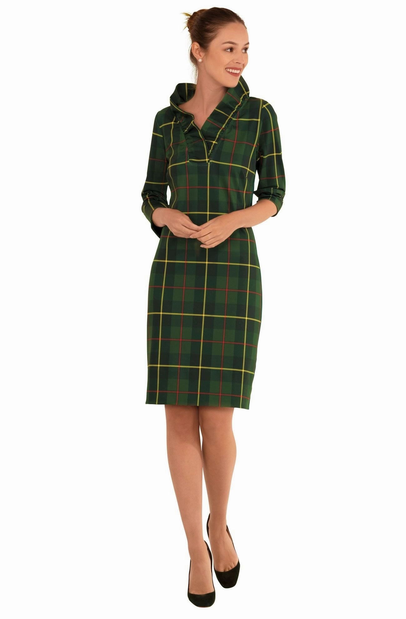 Gretchen Scott Ruff Neck Dress - Plaidly Cooper - Green Plaid