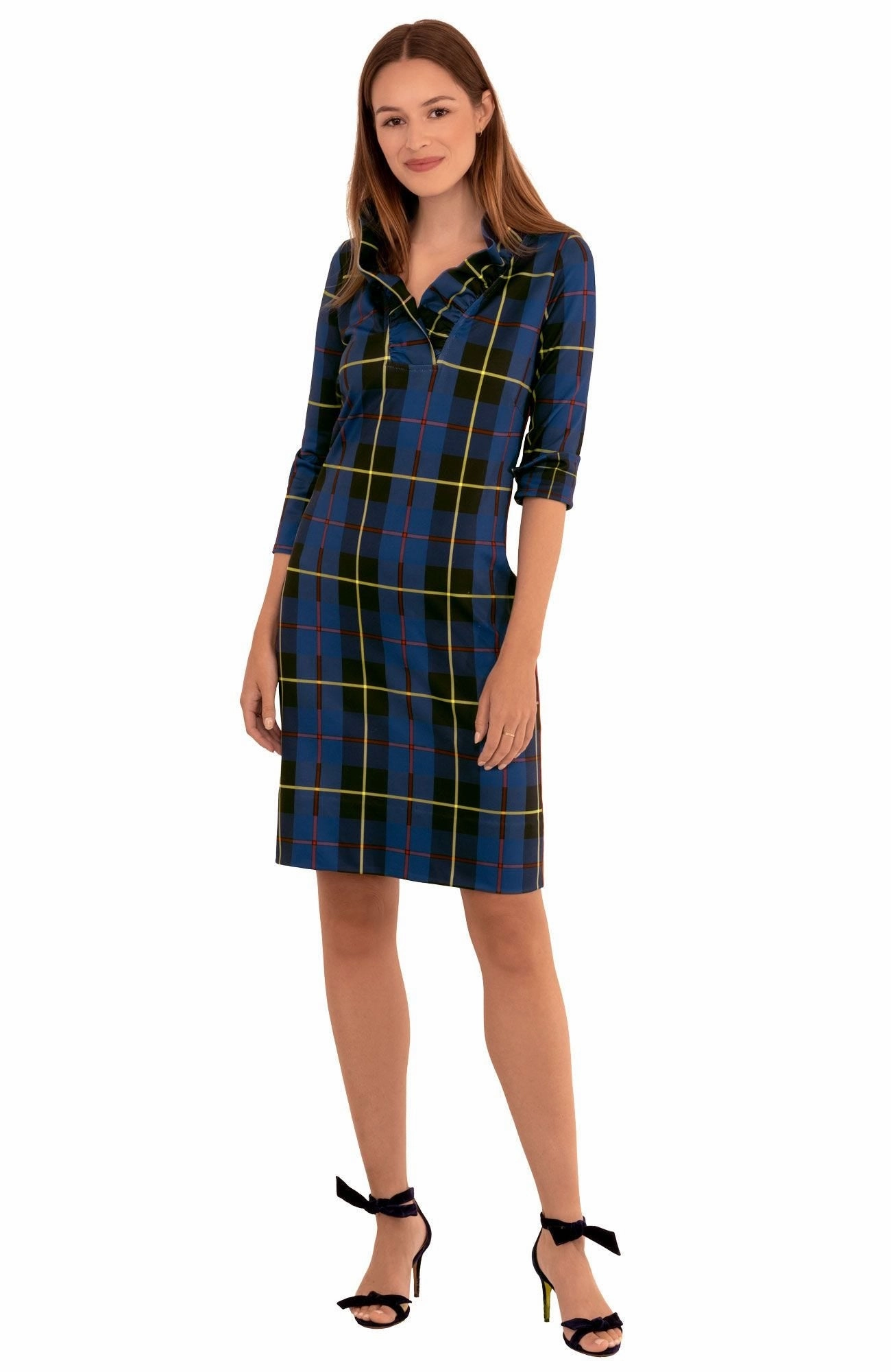 Gretchen Scott Ruff Neck Dress - Plaidly Cooper - Navy Plaid