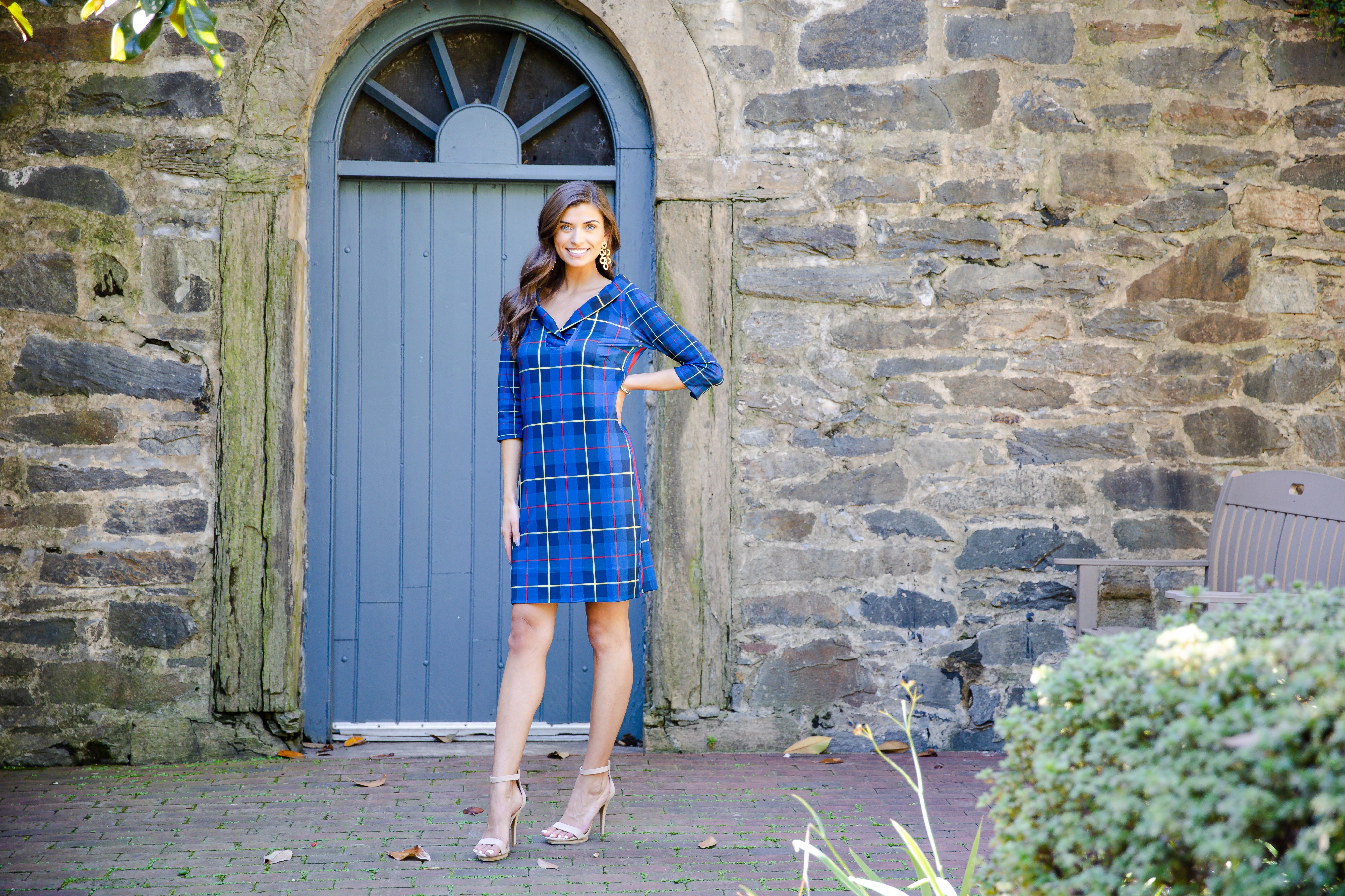 Gretchen Scott Ruff Neck Dress - Plaidly Cooper - Navy Plaid
