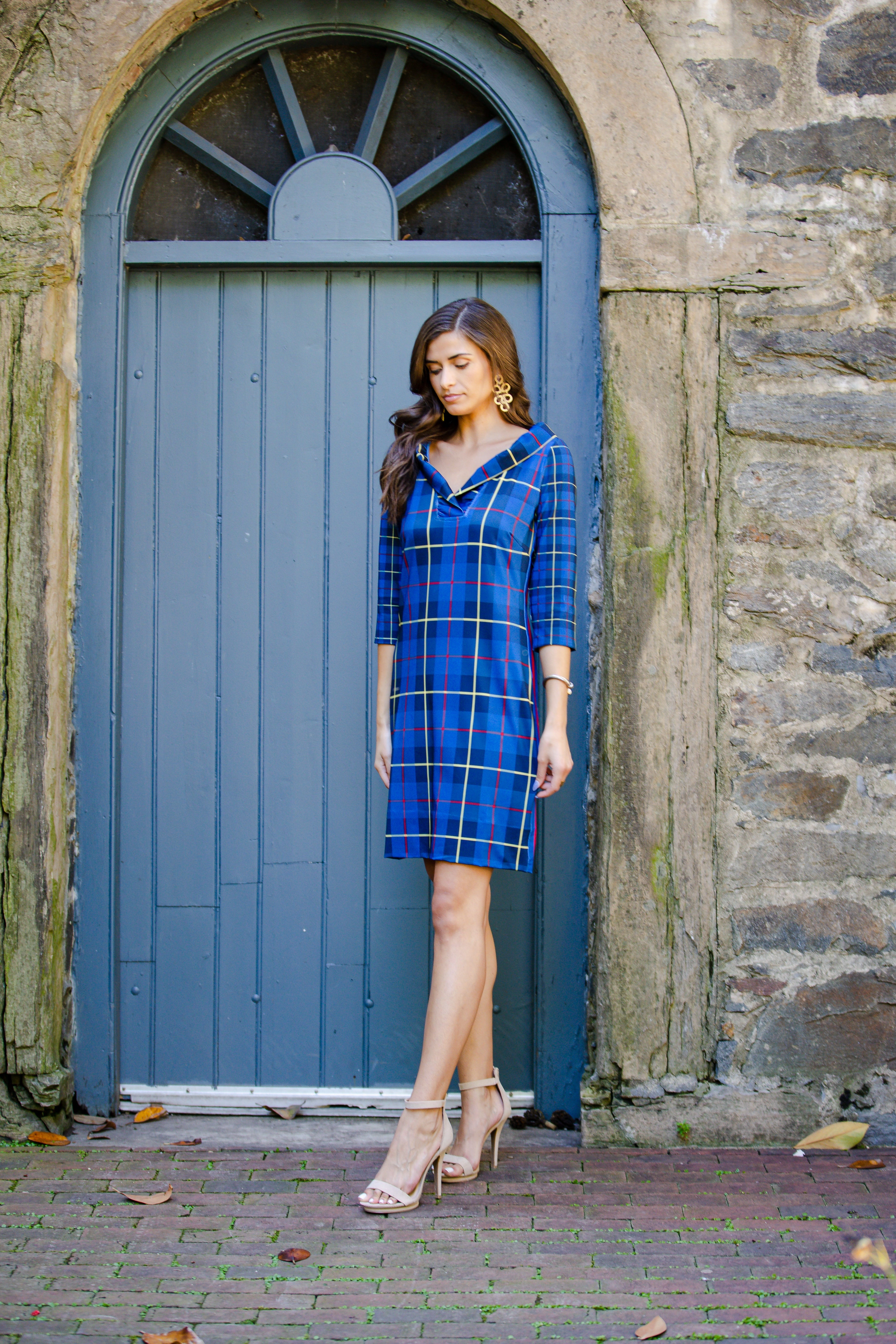 Gretchen Scott Ruff Neck Dress - Plaidly Cooper - Navy Plaid