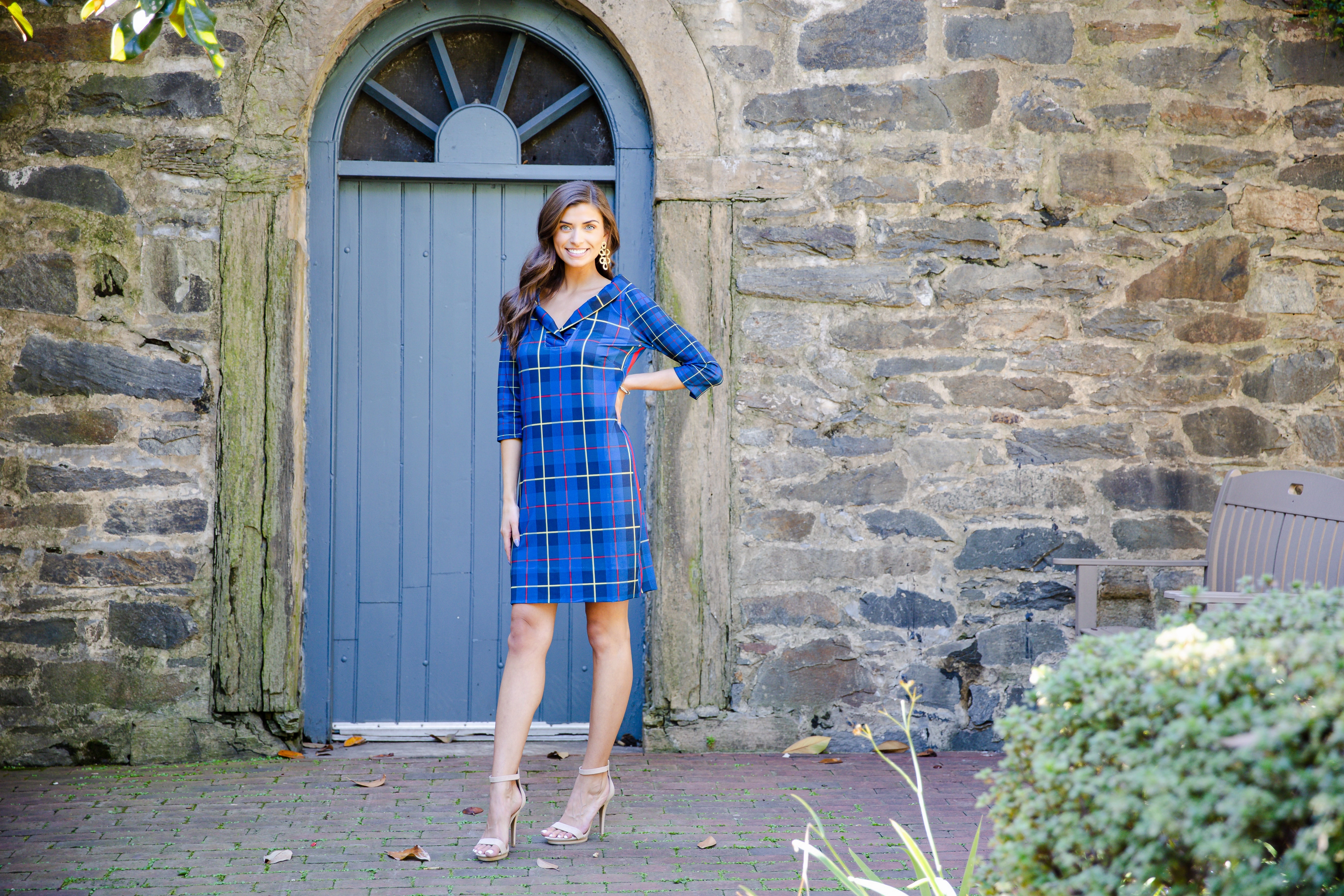 Gretchen Scott Ruff Neck Dress - Plaidly Cooper - Navy Plaid