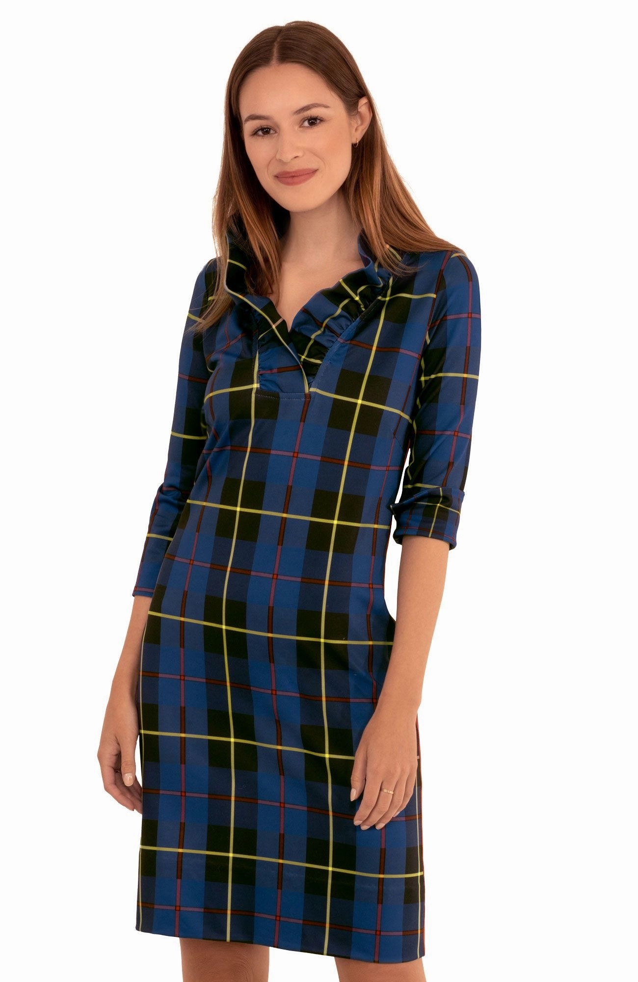 Gretchen Scott Ruff Neck Dress - Plaidly Cooper - Navy Plaid maxi dresses clearance