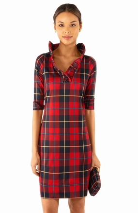 Gretchen Scott Ruff Neck Dress - Plaidly Cooper - Red Plaid discount party dresses