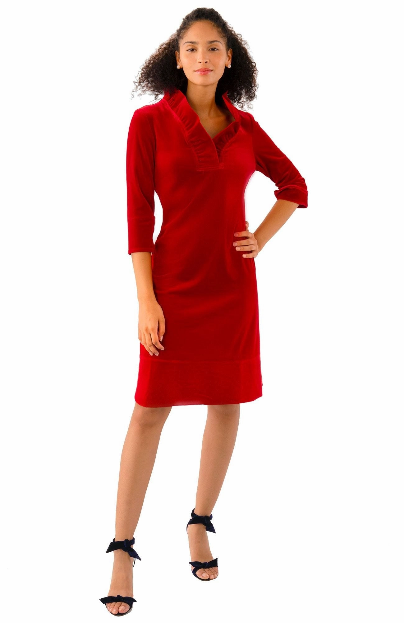 Gretchen Scott Ruff Neck Dress - Silky Velvet - Red