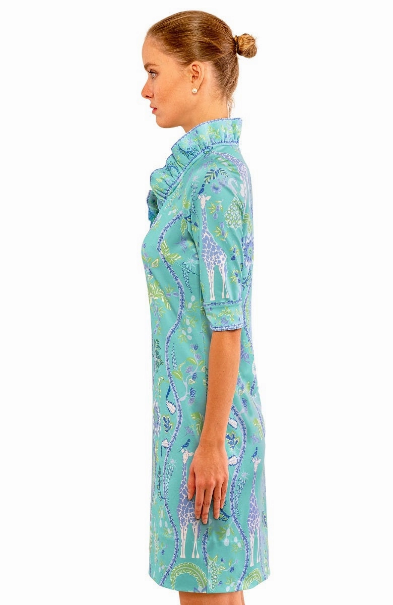 Gretchen Scott Ruff Neck Jersey Dress - Jungle Symphony - Turquoise/White