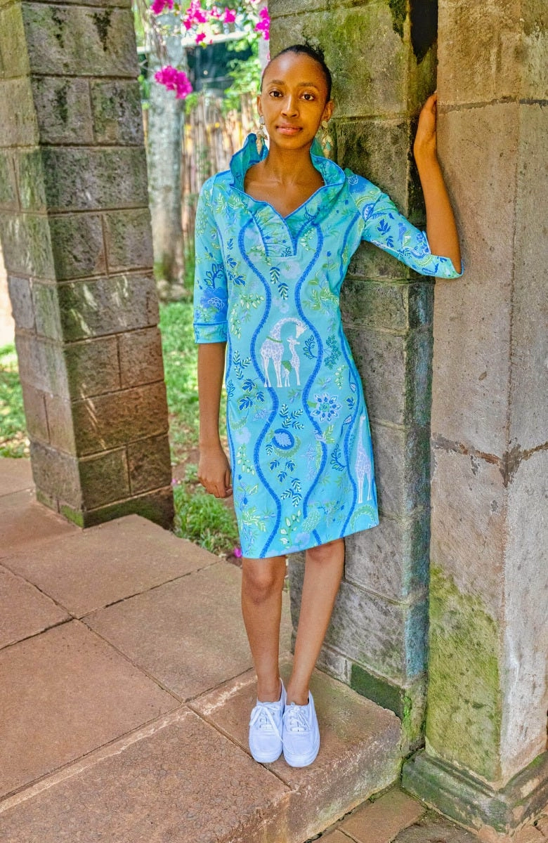 Gretchen Scott Ruff Neck Jersey Dress - Jungle Symphony - Turquoise/White